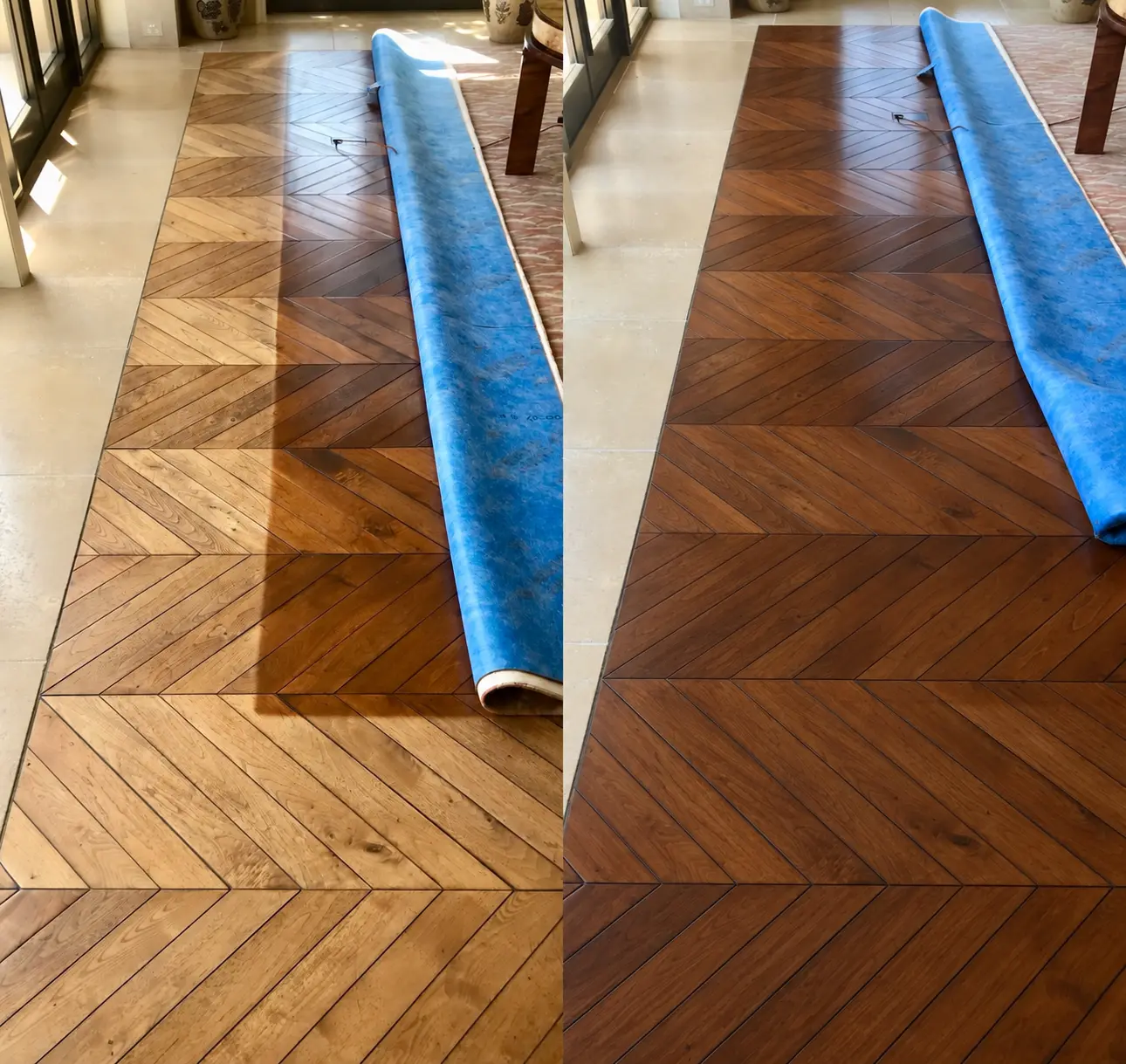 Before and after view of a chevron timber floor being restored
